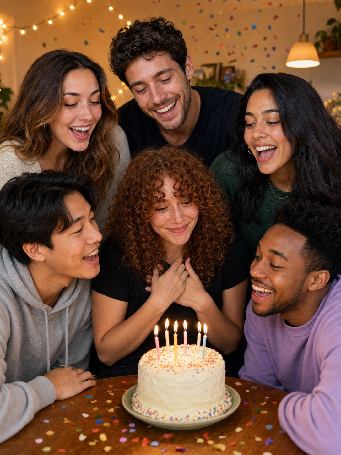 Finished birthday group card cover with friends singing around the recipient