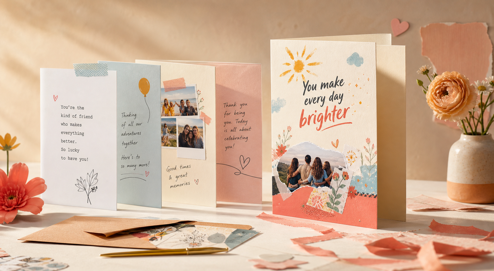 Birthday group card cover with a dog, boat and plants