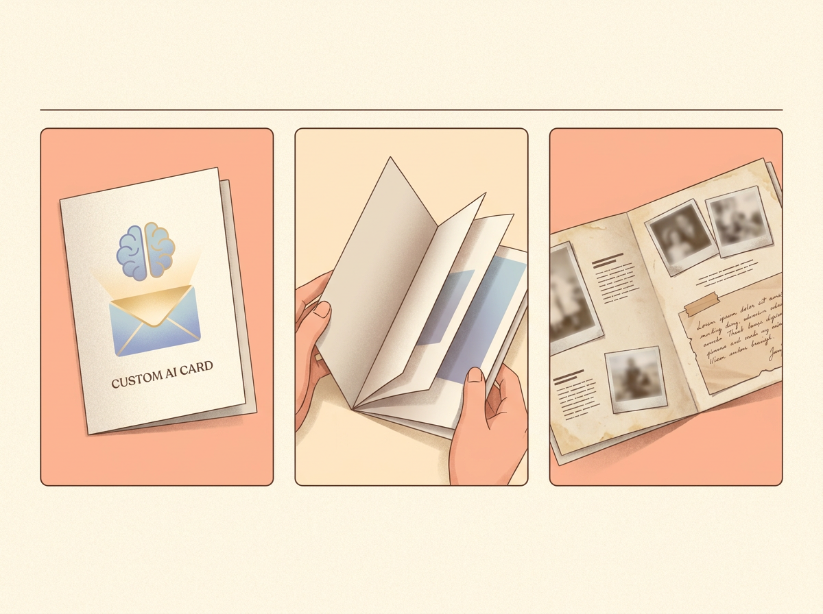 Open card spread with handwritten notes, a photo, doodles and small keepsake pages