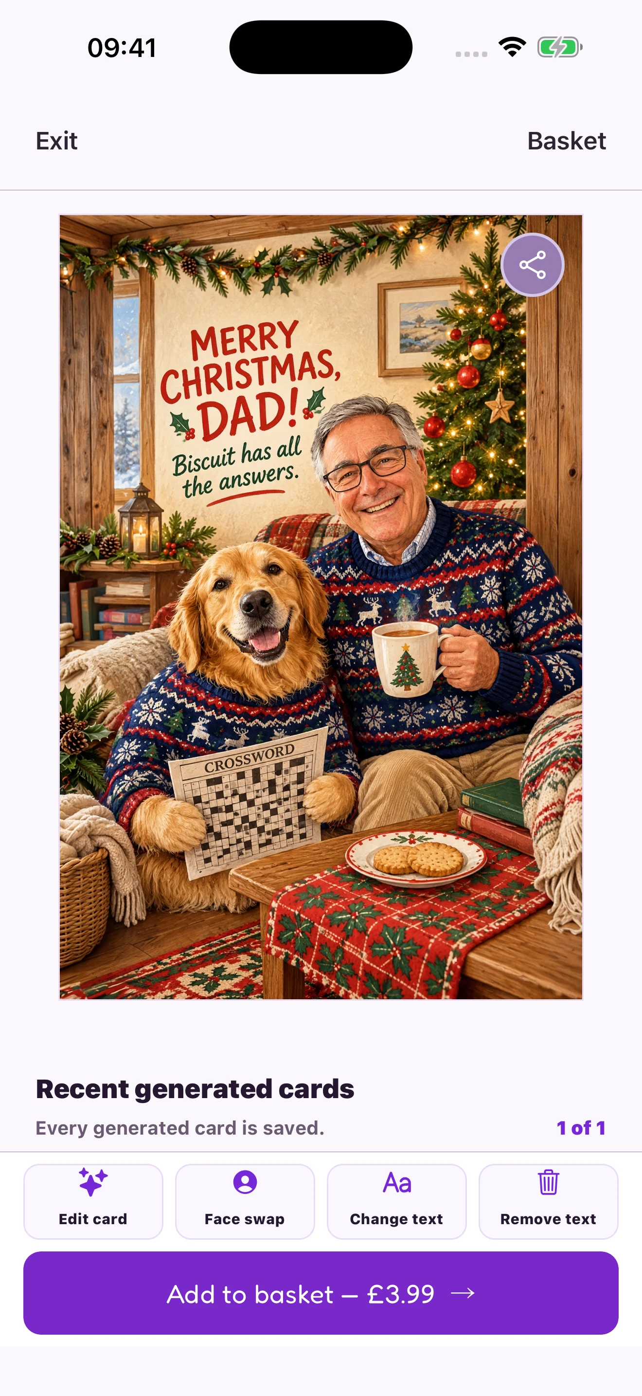 The Silly Robot Cards iPhone app showing a personal card made for a dad and his dog, with editing and ordering options