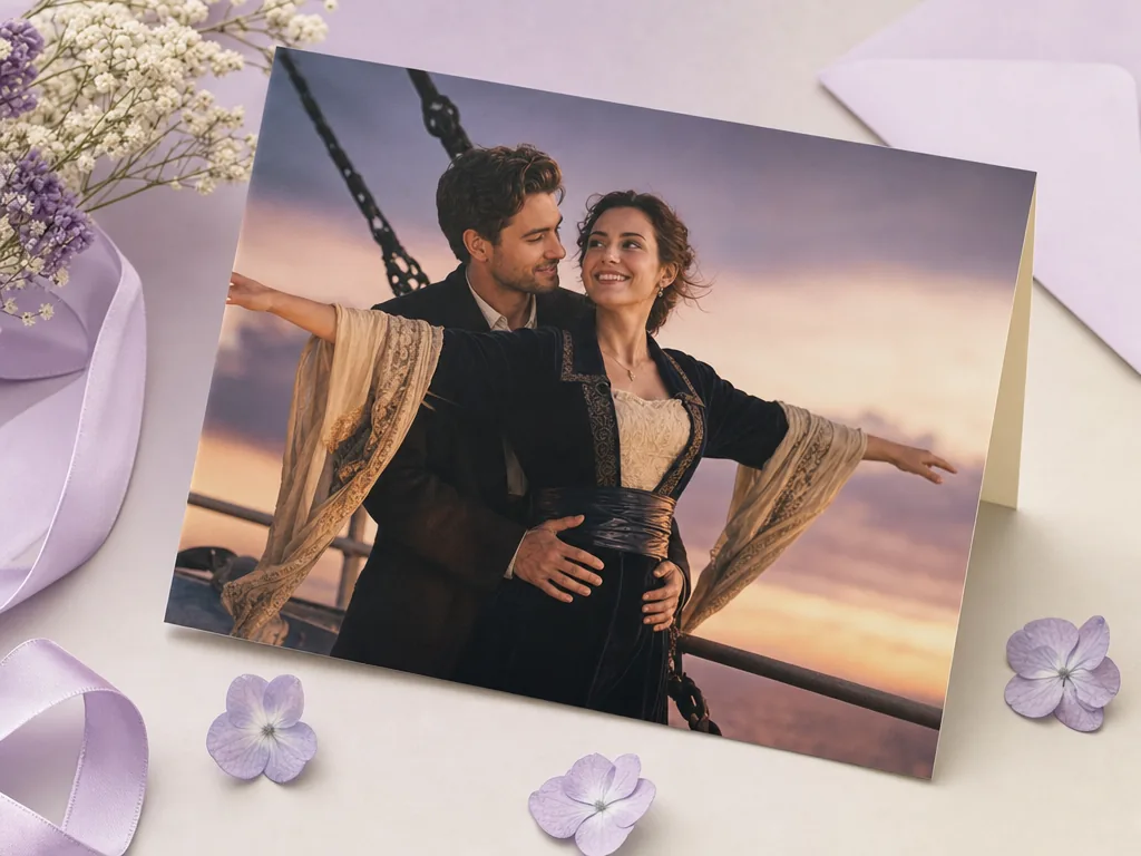 Couple face-swapped into a classic romance scene card idea