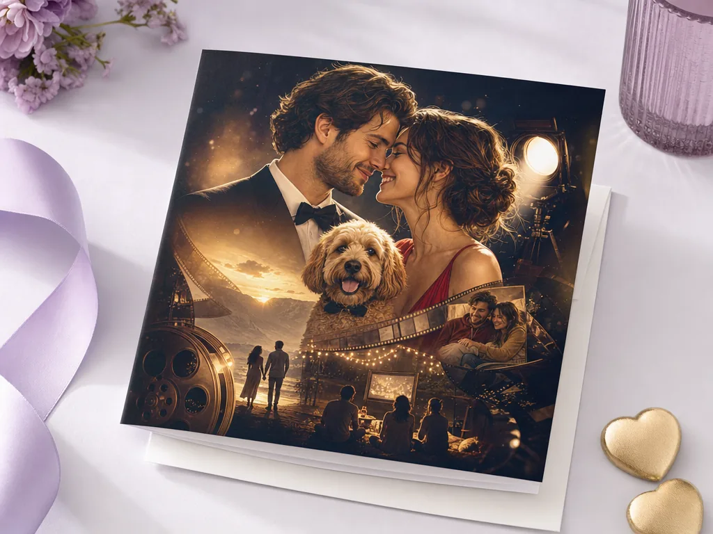 Couple celebrating their love story as a movie poster card idea