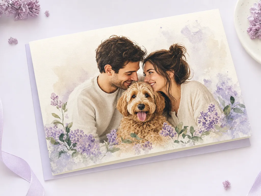 Couple and their pet in an anniversary portrait card idea