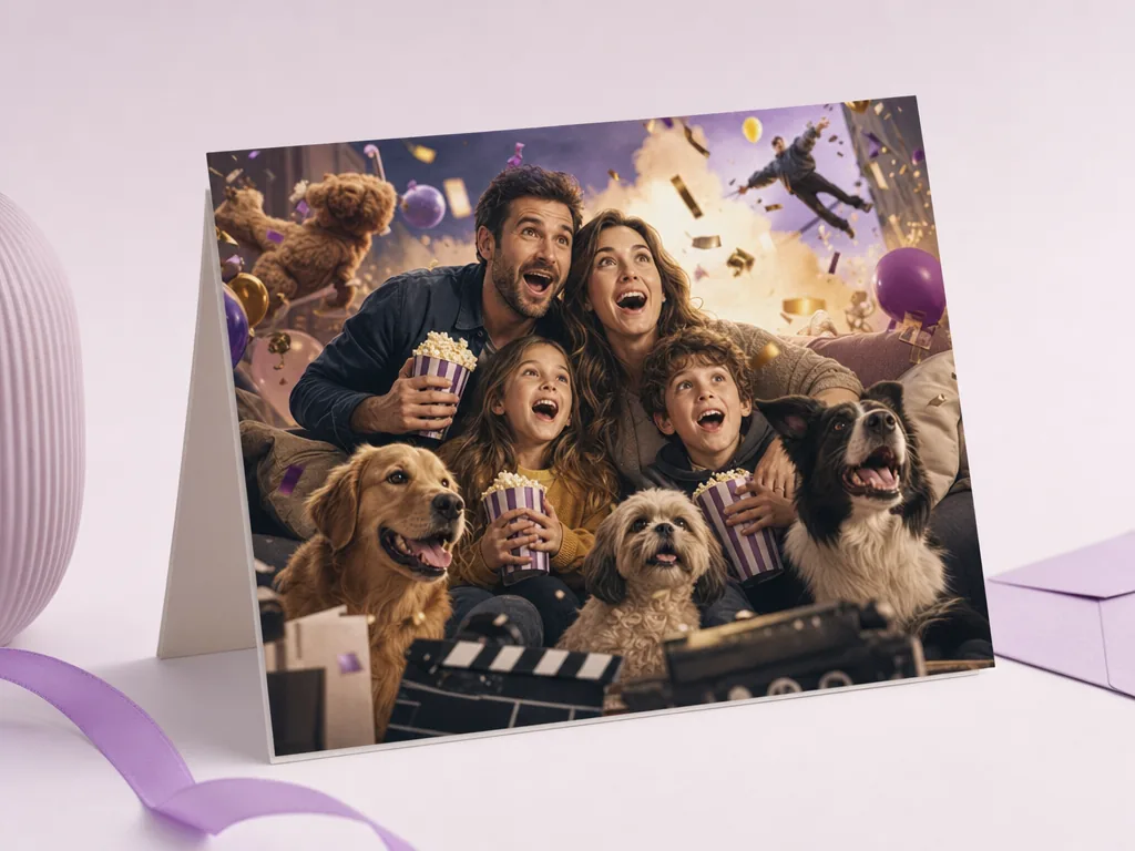 Family birthday movie poster with pets and party chaos card idea