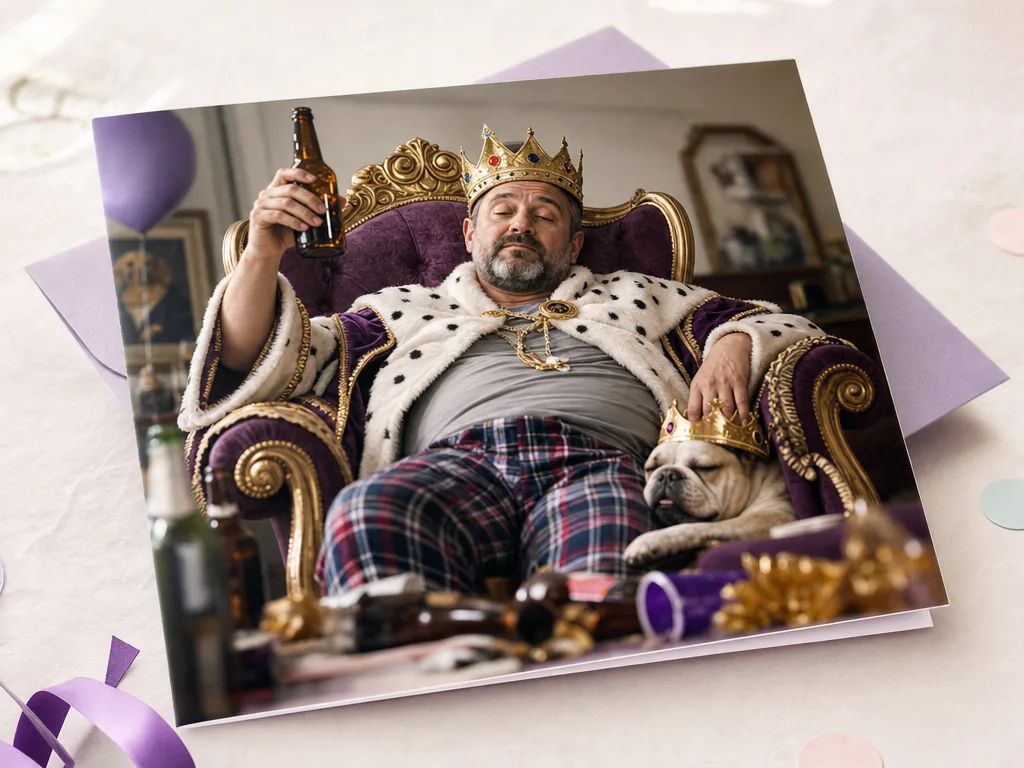 Dad as birthday royalty after one too many beers card idea
