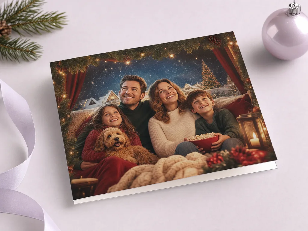 Family Christmas movie poster card idea