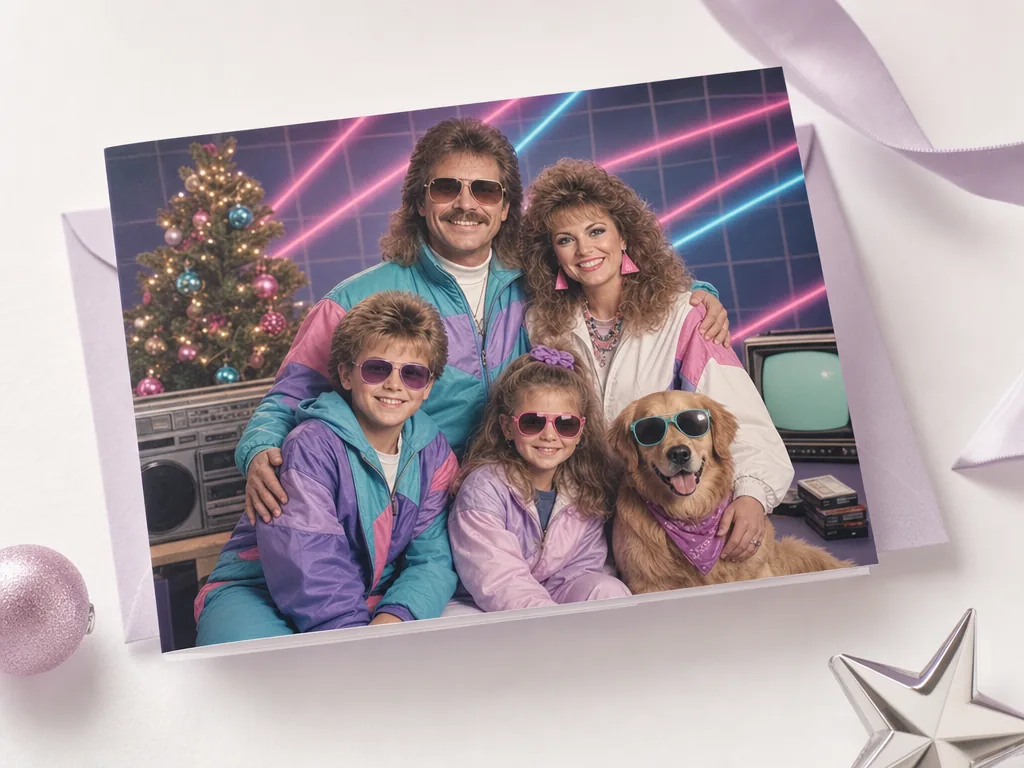 Retro 80s family Christmas card idea