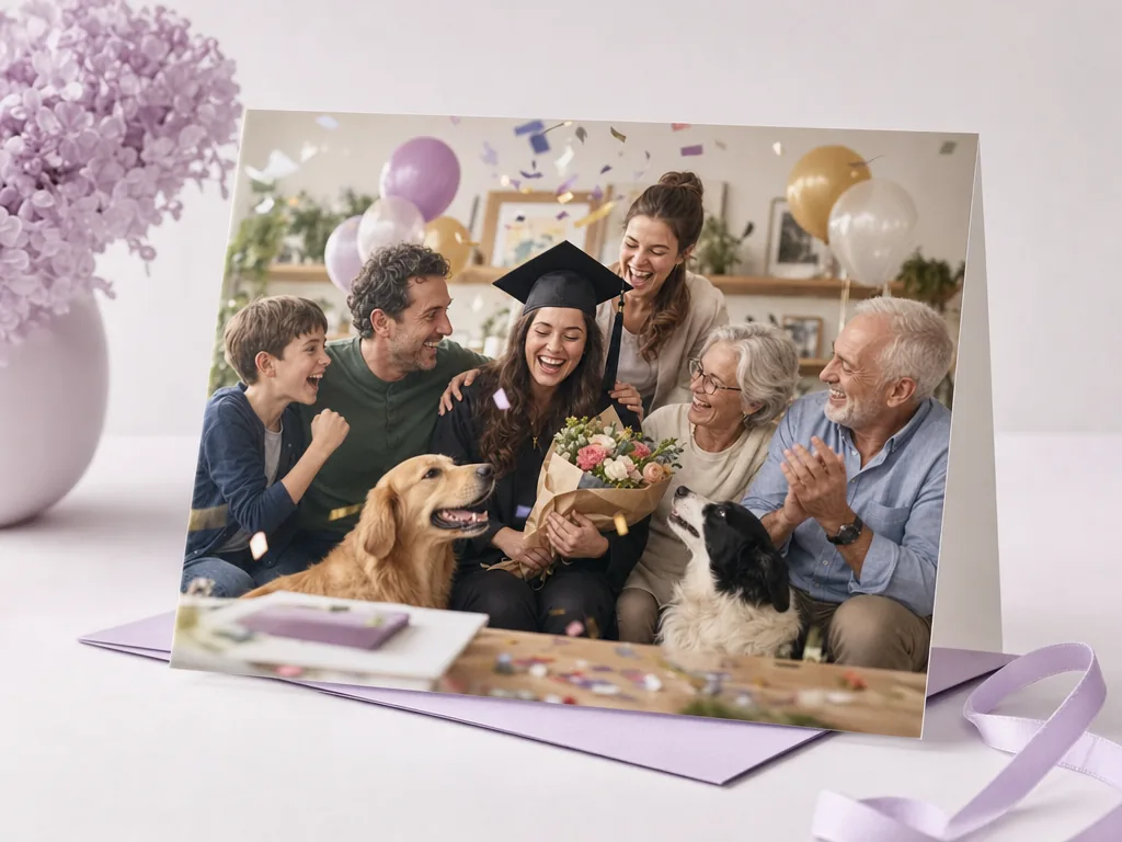 Big achievement celebration with family and pets card idea