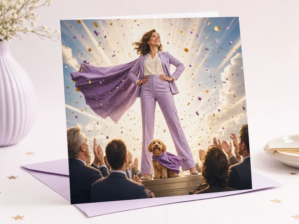 New job superstar in an over-the-top success poster card idea