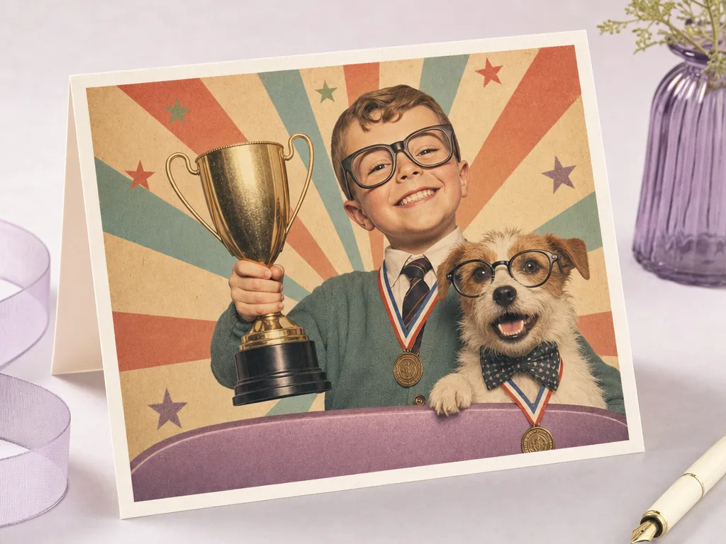 Retro congratulations card with trophy energy card idea