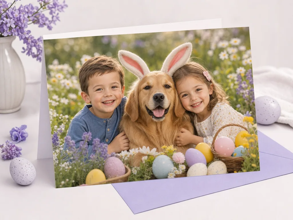 Cute Easter card with kids, pets and flowers card idea