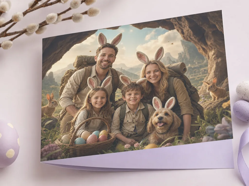 Family face-swapped into an Easter adventure poster card idea