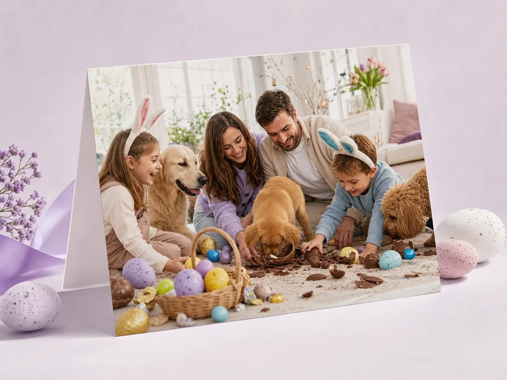 Family Easter egg hunt with pets and chocolate chaos card idea