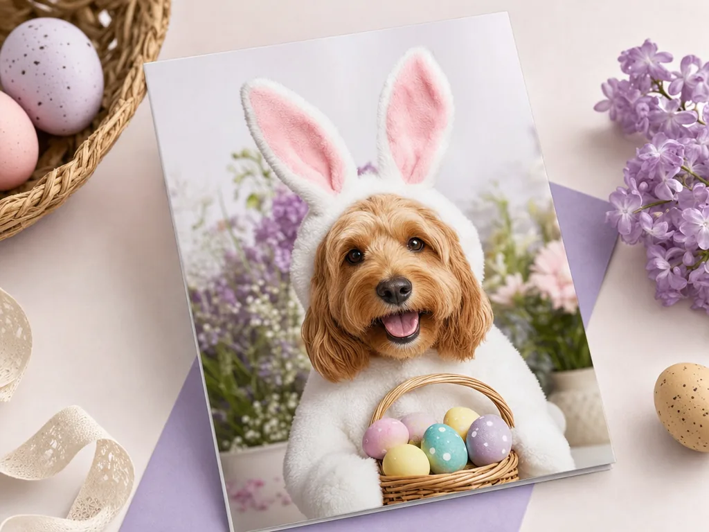 Dog or cat as the Easter bunny card idea