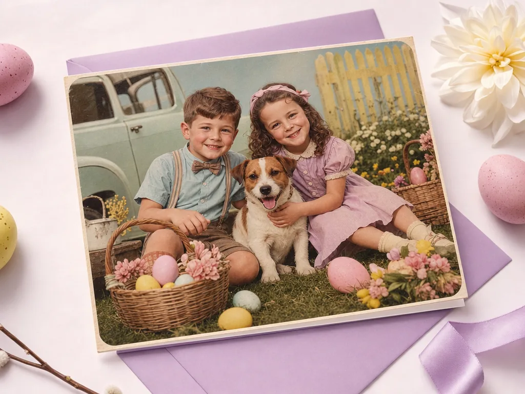 Retro Easter card with spring photo vibes card idea