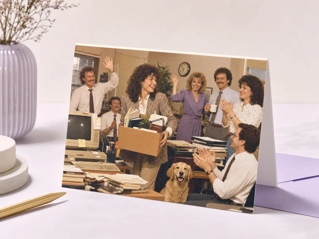 Retro farewell card with office nostalgia card idea