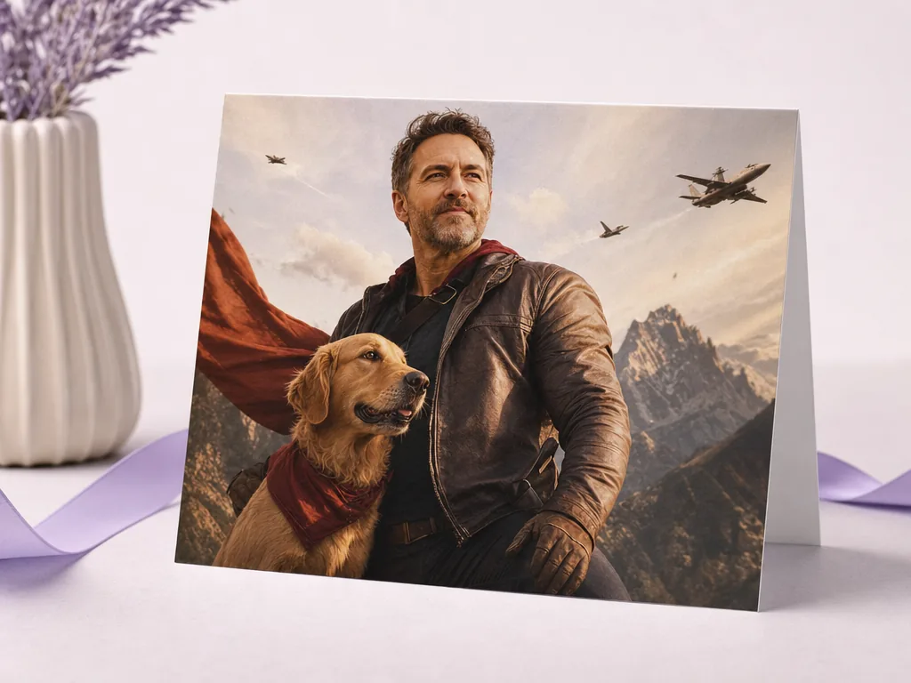 Dad face-swapped into a heroic action poster card idea