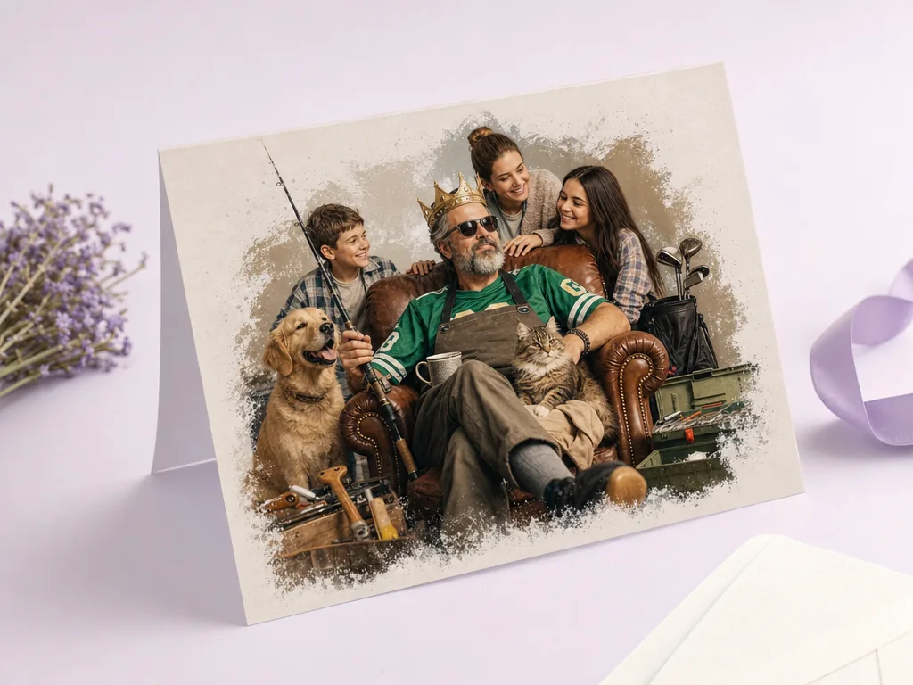 Dad as the family legend with pets and hobbies card idea