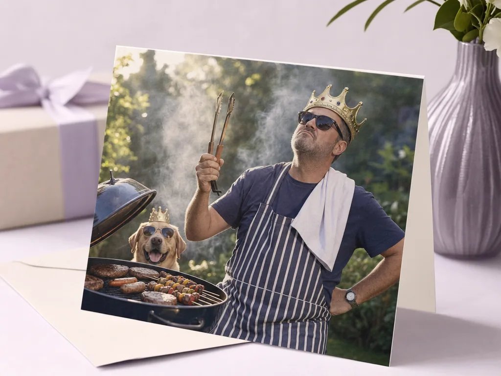 Dad as BBQ king taking himself far too seriously card idea