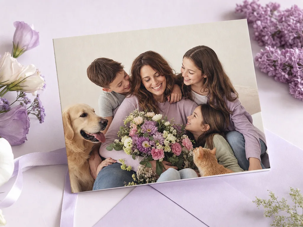 Mum surrounded by family, flowers and pets card idea