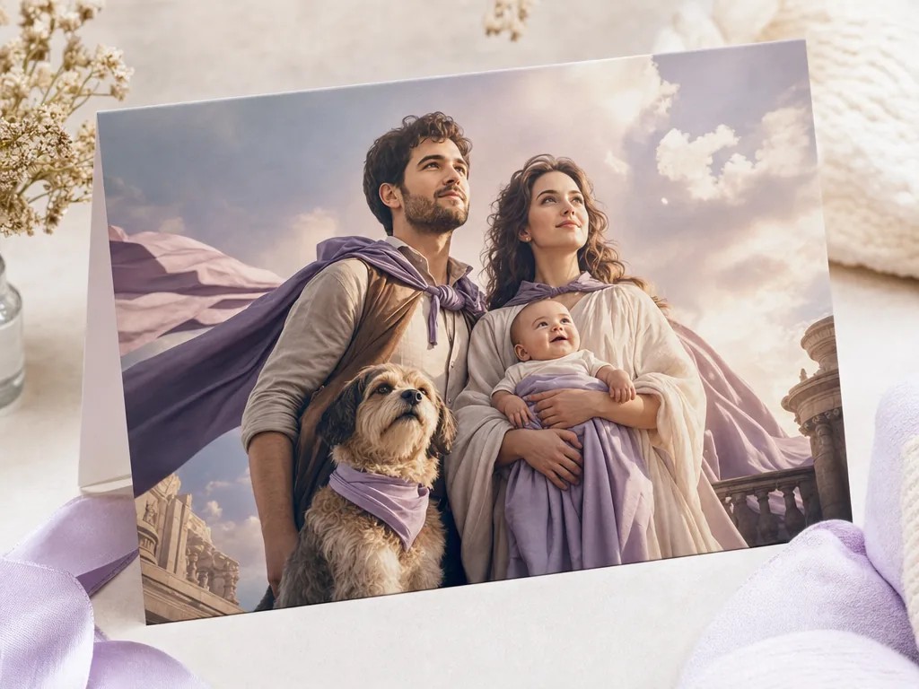 New parents in a cinematic baby announcement poster card idea