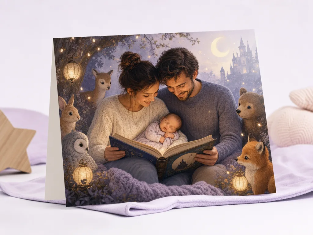 New parents and baby in a storybook scene card idea