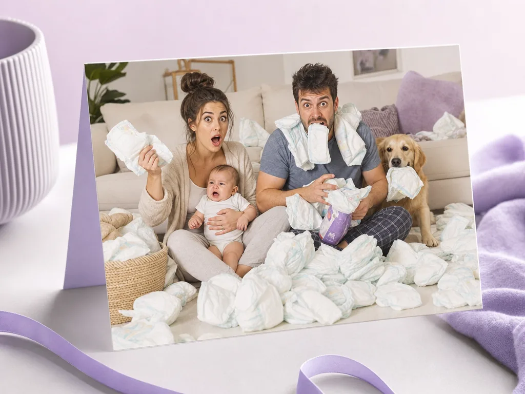 New parents entering survival mode with nappies everywhere card idea