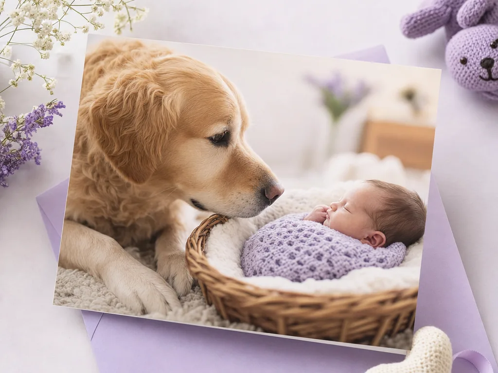 Family pet meeting the new baby card idea