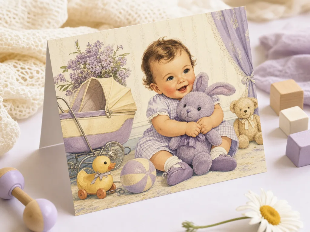 Retro new baby card with soft nursery colours card idea