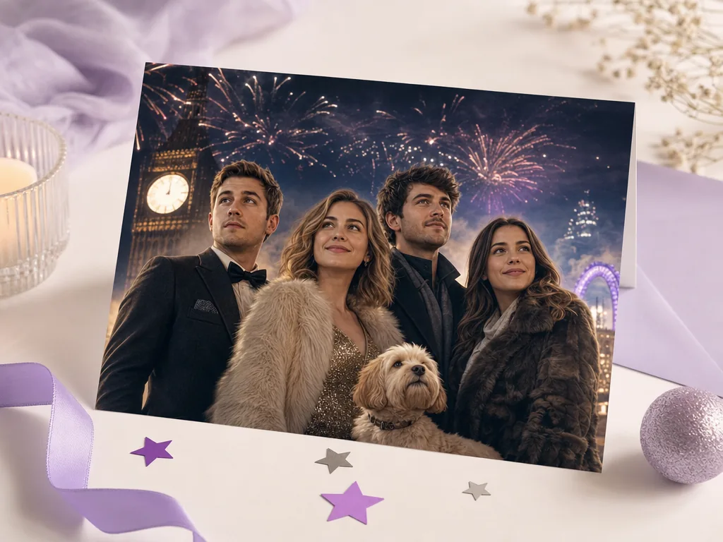 Friends face-swapped into a New Year movie poster card idea