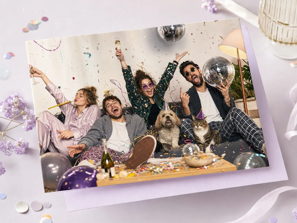 Friends surviving the year in a chaotic party poster card idea