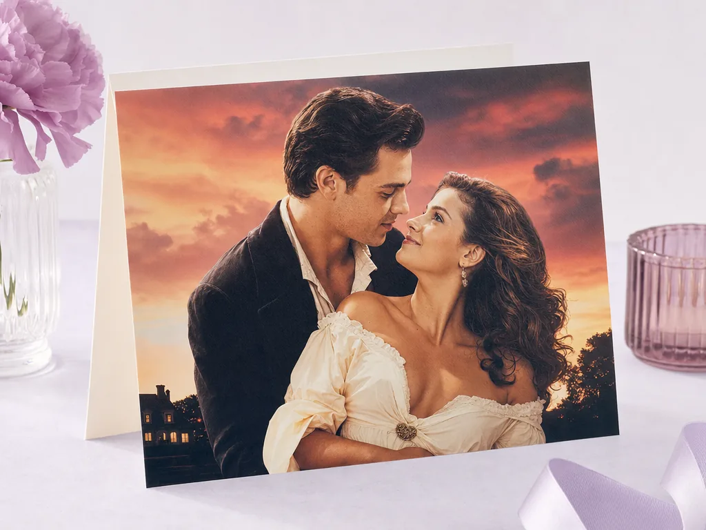 Couple face-swapped into a classic romance poster card idea