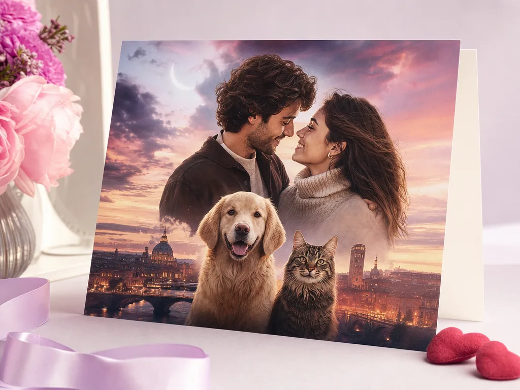 Couple in a romantic movie poster with their pets card idea