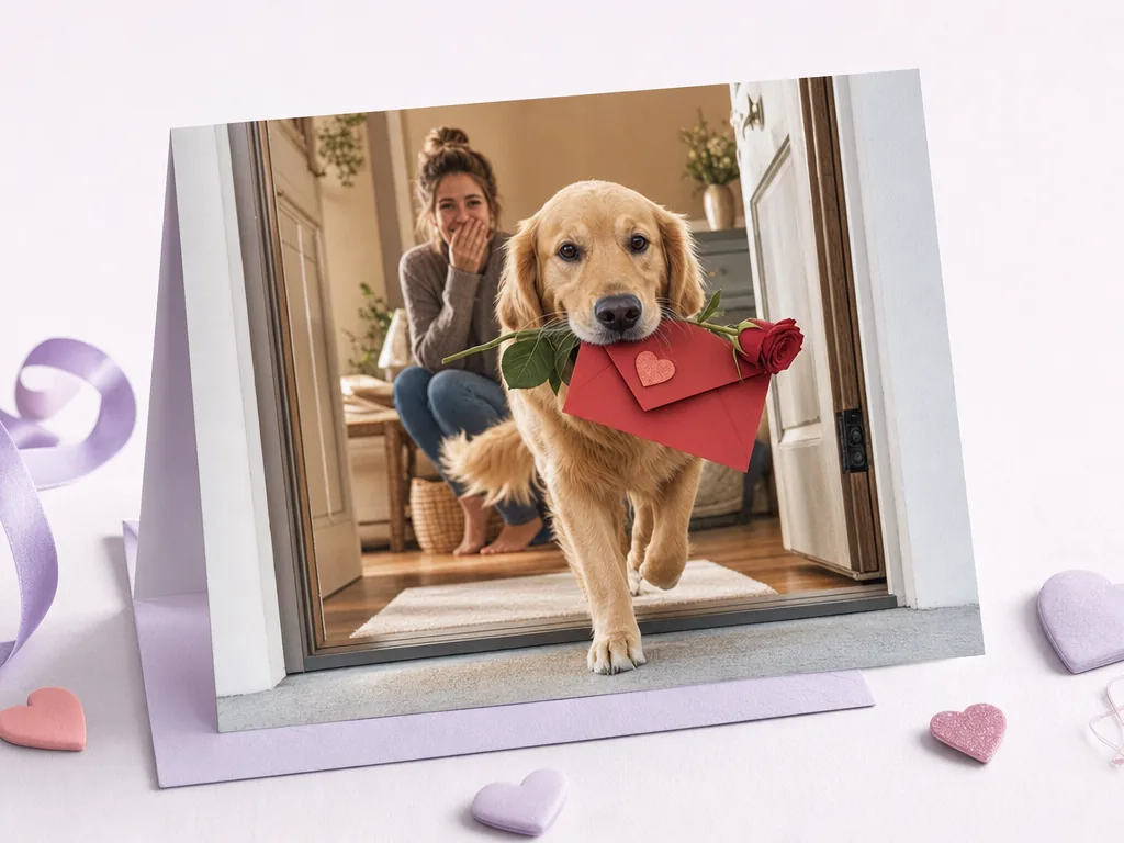 Pet delivering the Valentine's surprise card idea