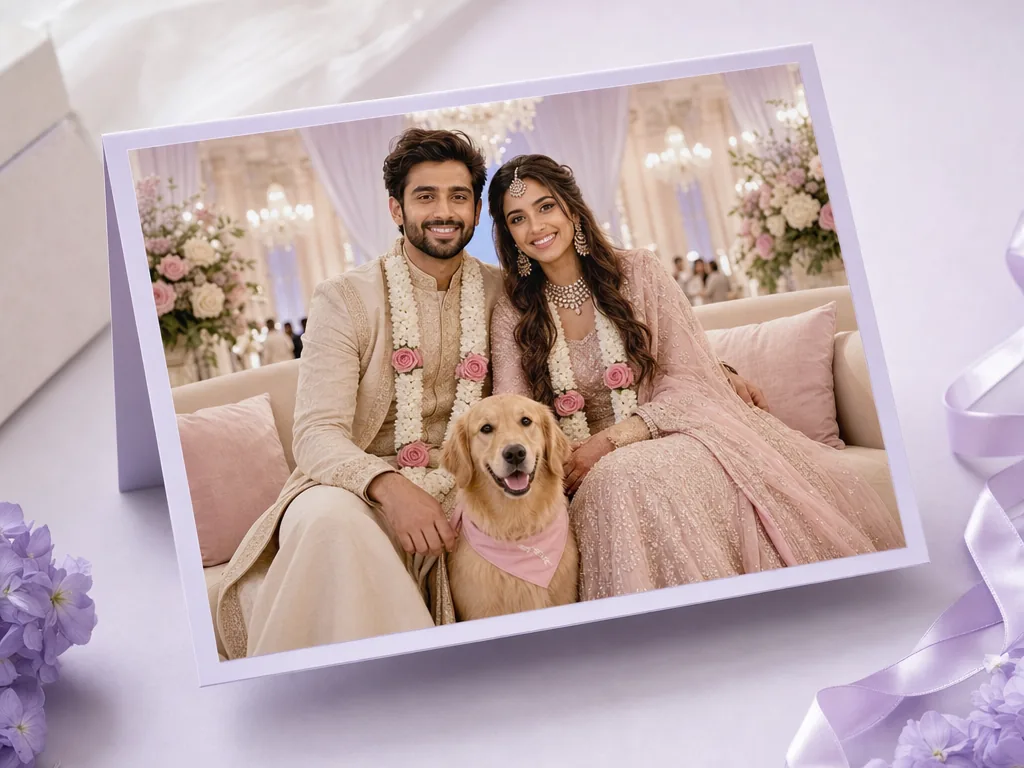 Couple face-swapped into a grand wedding scene card idea
