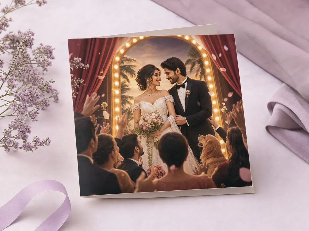 Happy couple as stars of a romantic wedding poster card idea