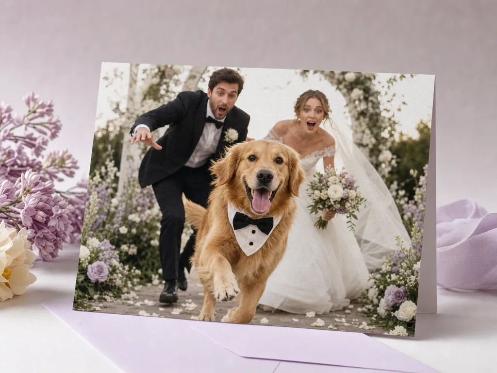 Wedding couple with the dog stealing the spotlight card idea
