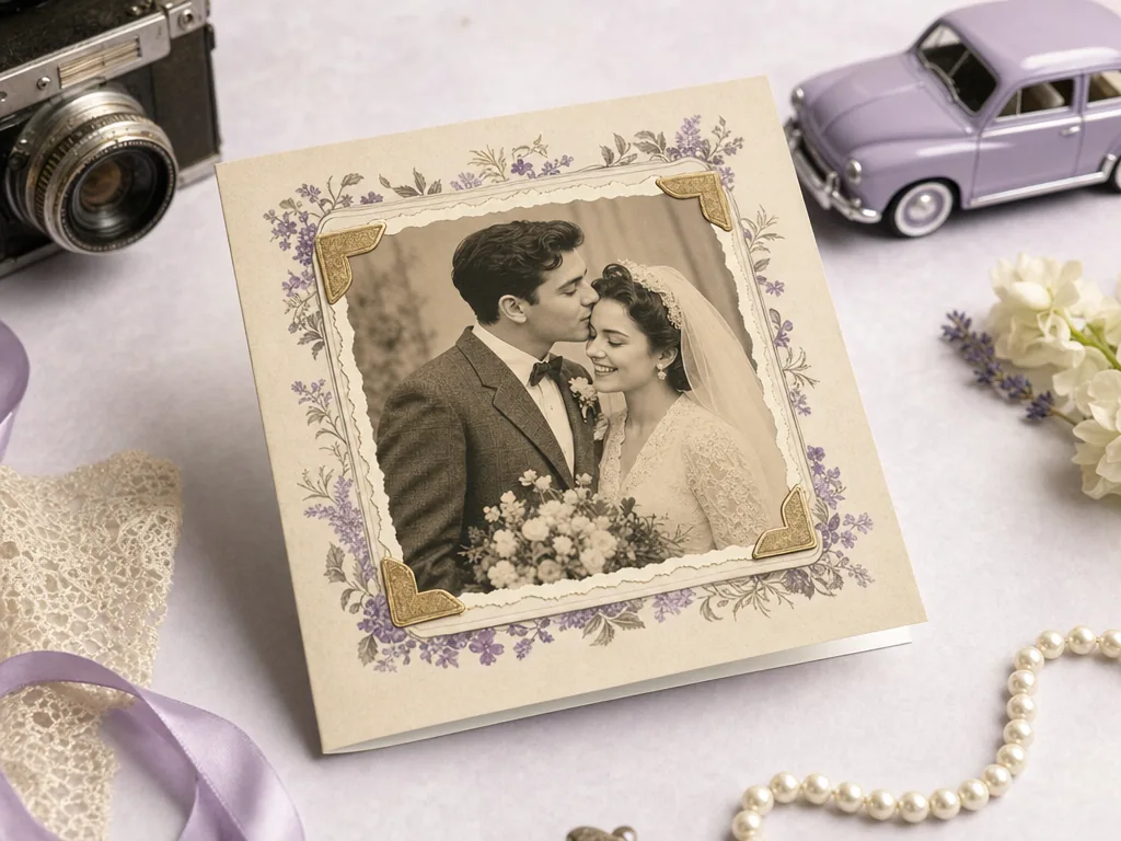 Retro wedding card with vintage photo charm card idea