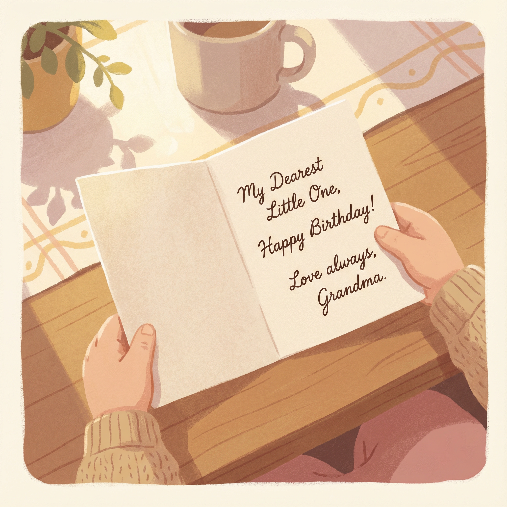 A child's hands carefully holding a card with grandmother's handwriting