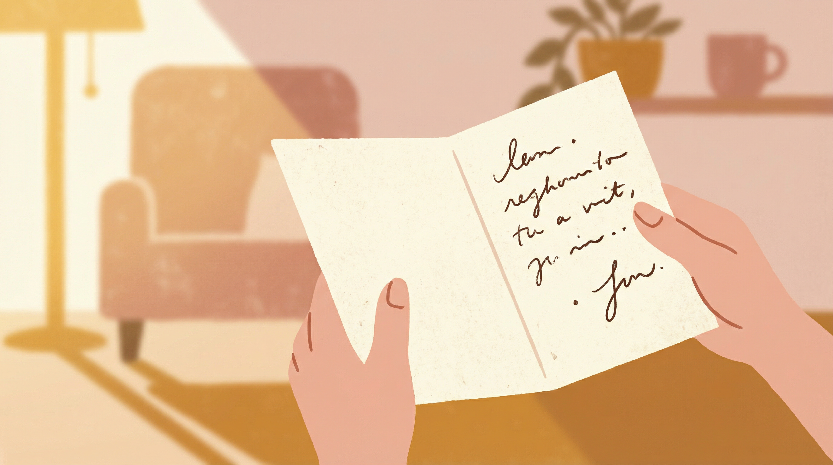 A greeting card with real handwriting inside, held by hands in a warm home setting