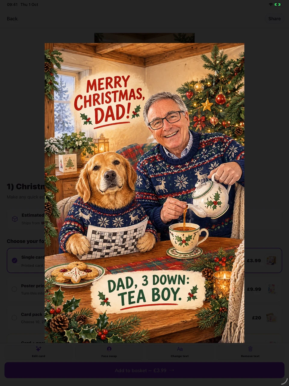 Dad and Biscuit in matching Christmas jumpers, with tea and a crossword inside joke